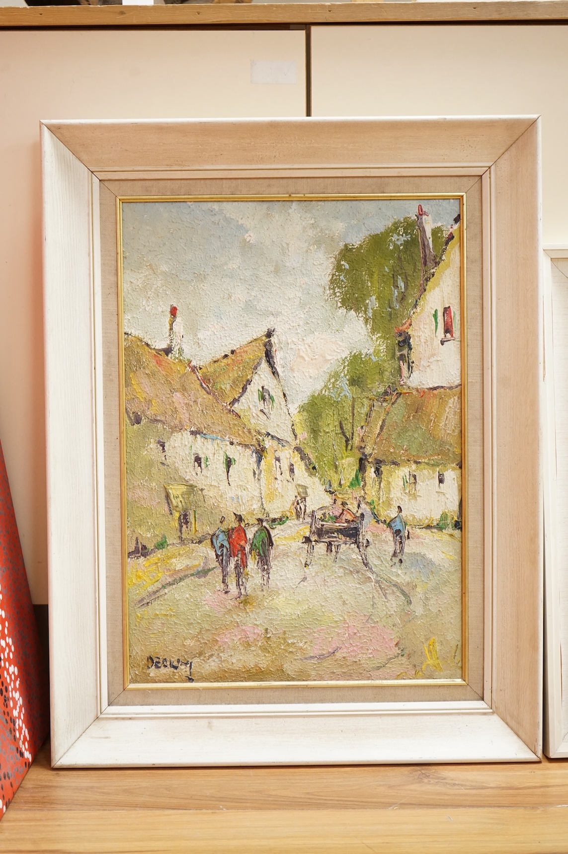 George Deakins (1911-1982), Street scene with figures and one other, each signed, one dated '76, two impasto oils on board, largest 54 x 38cm